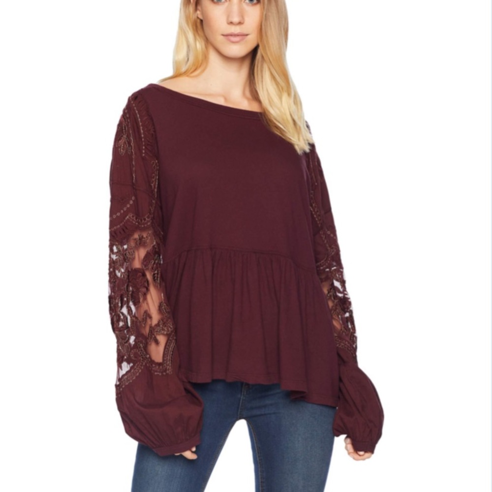 Free People Penny Tee Embroidered Sleeves wine
